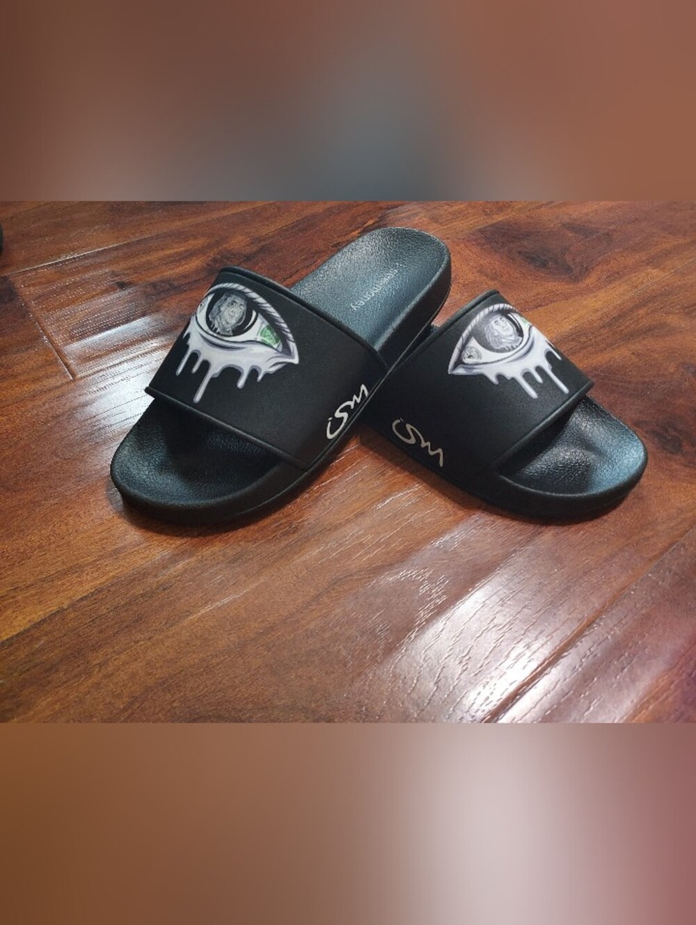 Kids Black Slide Sandals with Eye Graphic